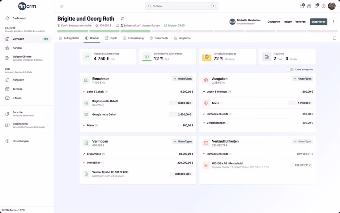 360°-Bonitätsansicht eines Kunden in fincrm