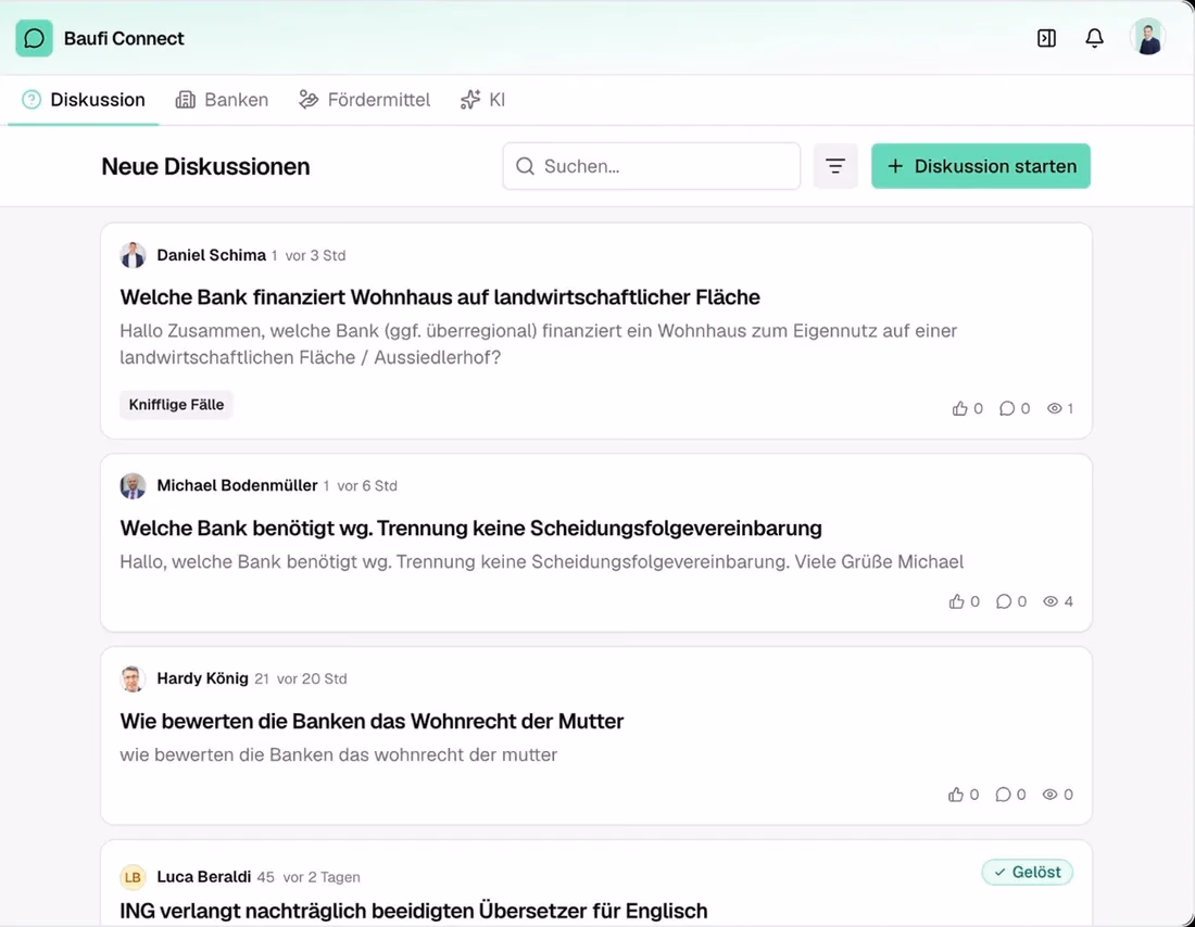 Liste offener Diskussionen zu Finanzierungsfällen in Baufi Connect